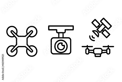 Reconnaissance drone operation icons set – outline quadcopter airframe, camera gimbal payload, satellite uplink control signal symbols – modern UAV surveillance & mapping equipment vector illustration