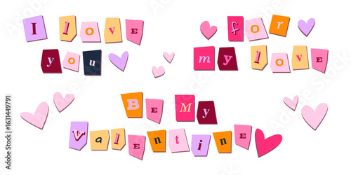 Romantic clipping letters spell y2k valentine alphabet messages with paper cutout style and heart shapes for cards. Pastel notes with shadow effects for love declarations and scrapbook designs.