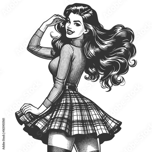 pin-up girl wearing a plaid skirt and tight turtleneck, smiling and posing playfully sketch engraving generative ai fictional character vector illustration. Scratch board imitation. Black and white.