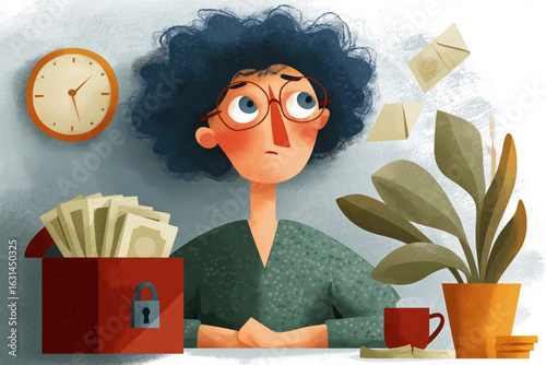 Worried Woman with Money Safe and Letters at Desk, Cartoon Illustration