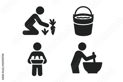 Farm-to-Table Agriculture Icons Collection – Solid Black Pictograms of Organic Vegetable Harvesting, Water Bucket, Egg Gathering & Cooking Preparation Actions for Sustainable Food Production Concepts