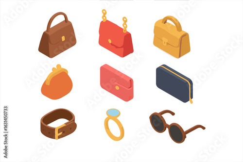 Isometric fashion accessories vector set—3D handbags, purses, wallets, clutch bag, sunglasses, bracelet, gemstone ring, luxury women’s bags icons, stylish shopping illustration