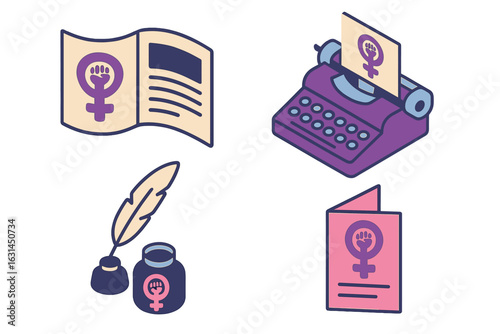 Isometric feminist publications icon set – open magazine with feminist symbol, vintage typewriter, quill and ink, protest pamphlet – empowering women’s rights, equality, literature vector illustration