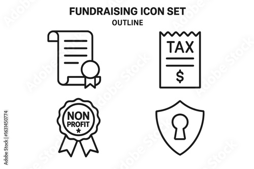 Fundraising outline icon pack with legal contract scroll, tax receipt, nonprofit approval badge, data privacy shield lock, charity compliance symbols, editable thin line vector illustration set