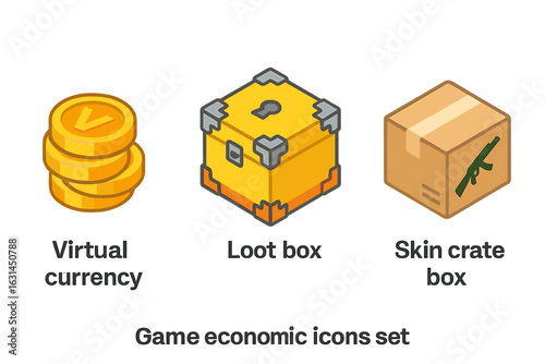 Isometric game economy icons set showing virtual currency coins, mystery loot box, weapon skin crate, mobile video game microtransaction items, gambling mechanics, in-app purchase concept illustration