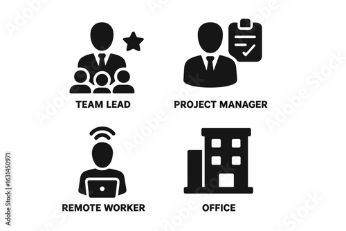 Hybrid team roles icons set—solid black pictograms of team lead leadership, project manager planning, remote worker telecommuting, corporate office building hybrid workplace concept, isolated vector