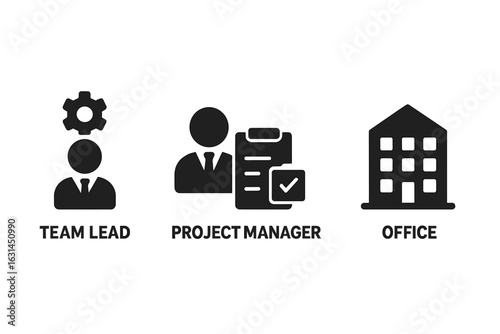 Hybrid team icons set with solid filled vector symbols representing team lead, project manager, remote worker, office roles, teamwork dynamics, collaboration, and business organizational structure