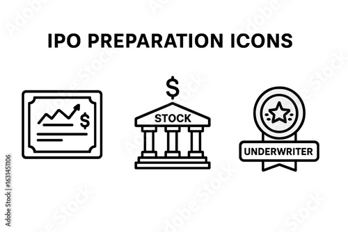 Initial Public Offering outline icon set – stock certificate share price rise chart, stock exchange building with dollar symbol, underwriter quality badge, IPO preparation process vector illustration