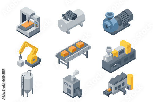 Isometric industrial machinery icons set – CNC machine, compressor tank, centrifugal pump, robotic arm, conveyor belt, plastic injection molding machine, silo, boiler, automated factory building