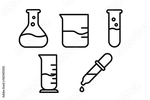 Laboratory glassware outline icon set with Erlenmeyer flask, beaker, test tube, graduated cylinder and dropper pipette, simple black vector line symbols for chemistry, science lab equipment UI design