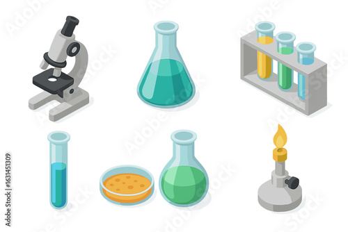 Isometric laboratory equipment vector set—microscope, Erlenmeyer flask, test tubes rack, Bunsen burner, test tube, Petri dish—science research icons on transparent background