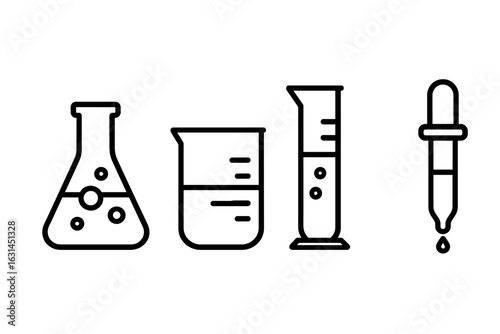 Laboratory glassware line icons set – Erlenmeyer flask, beaker, graduated cylinder, test tube, pipette dropper with liquid drop, chemistry equipment outline vector illustration for science lab design