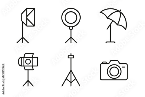 Photography studio lighting equipment icons set. Outline vector collection of studio softbox, ring light, umbrella reflector, spotlight, tripod, camera. Professional photo gear symbols.