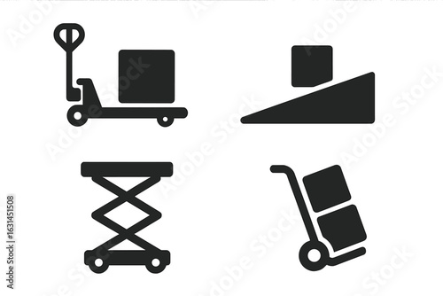 Solid black material handling icon set — pallet jack with box, loading ramp incline, hydraulic scissor lift table, hand truck dolly trolley — logistics warehouse freight equipment pictogram collection