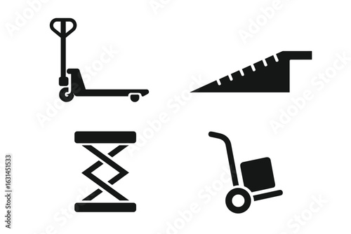 Material handling equipment glyph icons set. Pallet jack truck, loading dock ramp, scissor lift platform, hand dolly trolley symbols. Heavy warehouse logistics tools pictogram collection.
