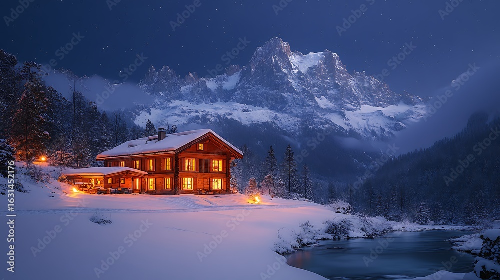 Fototapeta premium Warm chalet illuminated by snow at night