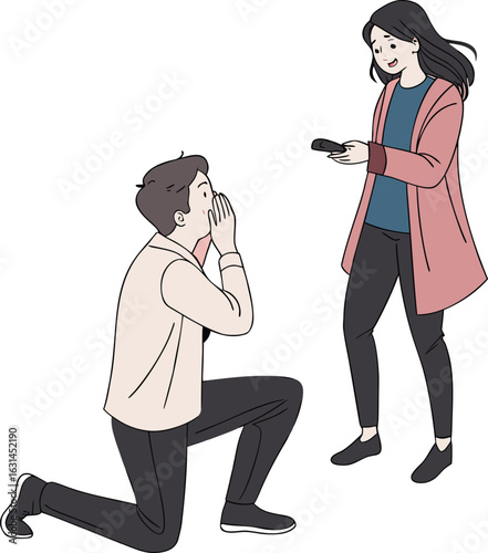Illustration of man proposing marriage to woman with ring engagement proposal love romance happy couple