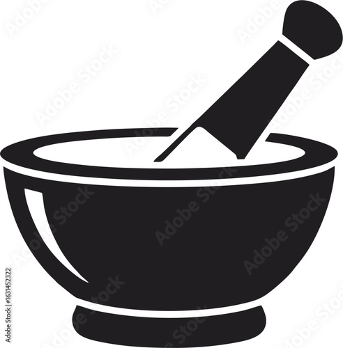 Classic mortar and pestle symbol for pharmaceutical and culinary preparation. Simple black and white vector icon illustration.