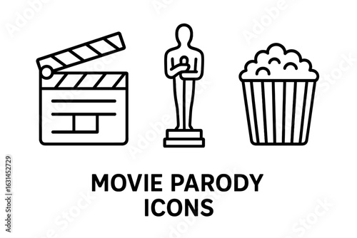 Cinema parody icons, humorous movie spoof clipart set with clapperboard slate, mock Oscar statuette award, popcorn bucket outline, minimalist black stroke vector, film industry satire concept