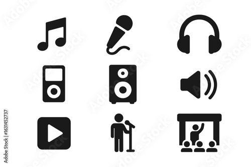 Music and Audio Essentials Icon Set – flat filled symbols of note, microphone, headphones, portable player, speaker, volume, play button, singer on stage, live concert performance pictogram collection