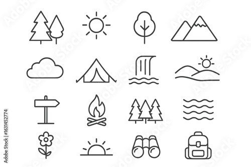 Nature and Outdoors Line Icons Collection – Minimal Forest Trees, Mountain Peaks, Waterfall, Camping Tent, Campfire, Hiking Equipment Thin Outline Design for Travel Leisure Adventure Concepts