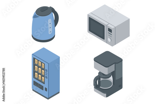 Isometric office breakroom appliance icons set–electric kettle, microwave oven, beverage vending machine, drip coffee maker, kitchen equipment, workplace refreshment corner, flat vector illustration