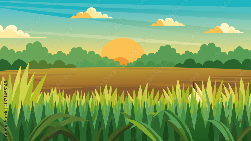 Fototapeta premium Vector art of a beautiful sunset or sunrise over a rural landscape with fields, trees, and a colorful sky