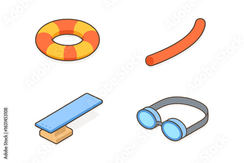 Isometric pool party equipment set illustration – inflatable rescue ring, orange foam noodle, spring diving board, blue swim goggles, summer aquatic recreation icons on transparent background