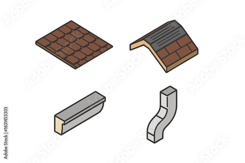 Isometric Roofing Construction Vector Icon Set. Detailed Asphalt Shingle Roof, Roof Ridge Vent, Gutter, Downspout Elements. Roof Materials and Drainage Components for Architecture and Building Design