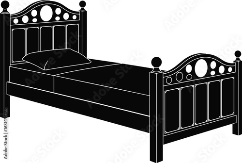 Elegant vintage wooden bed frame with pillow, headboard and footboard design, classic furniture for bedroom interior home decor illustration