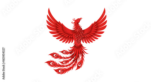 A fiery red phoenix rising with outstretched wings, vector illustrator.
