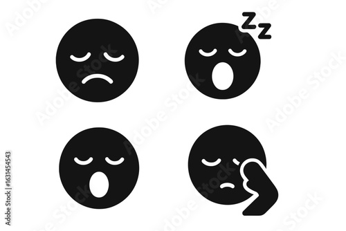 Sleepy emoticon set – solid black filled vector faces with tired droopy eyes, yawning mouth, snoring z-symbols, rubbing eyes hand gesture, drowsy sad lethargic expressions on transparent background