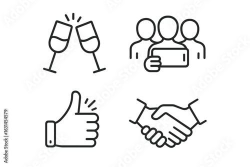 Social gathering outline icon collection – clinking champagne glasses toast, group selfie friends, thumbs up approval, business handshake agreement – celebration, friendship, networking vector set