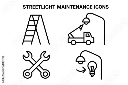 Streetlight maintenance outline icons collection, ladder, bucket truck repair vehicle, crossed wrenches tools, lamp bulb replacement, urban street light service equipment vector illustration set