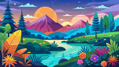 Vector art of vibrant landscape illustration with colorful mountains, a winding river, lush greenery, blooming flowers, and a dramatic sunset sky