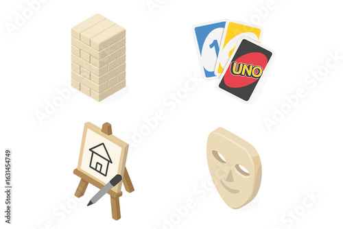 Isometric tabletop party game icons collection – wooden Jenga block tower, UNO playing cards, Pictionary drawing easel with marker, charades theatre mask – modern flat vector illustration