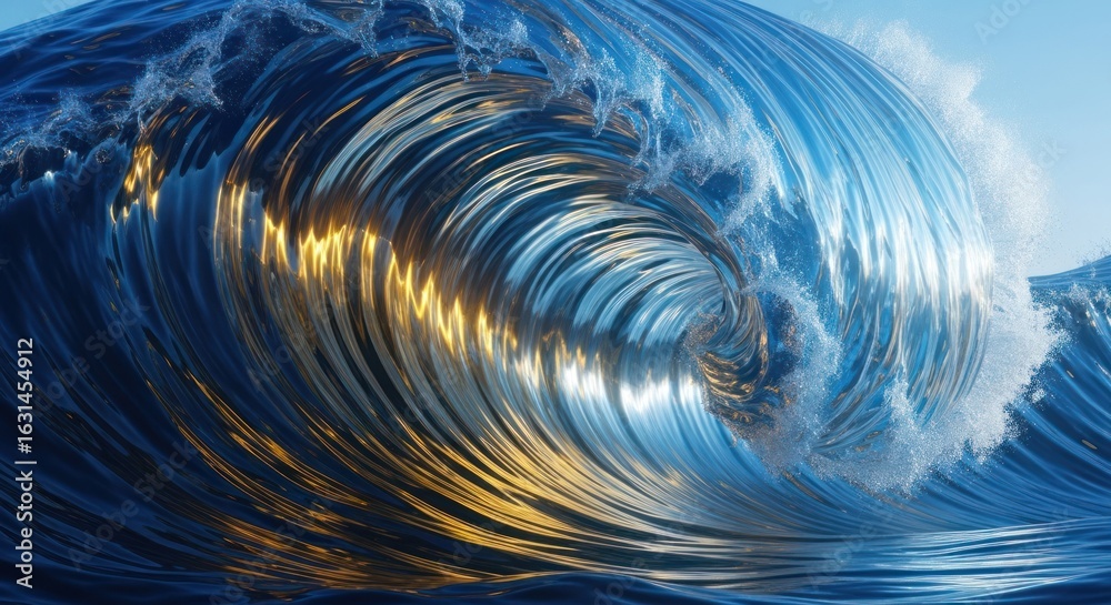 Obraz premium A powerful, curling wave reflects golden sunlight, creating an intense, blue swirl