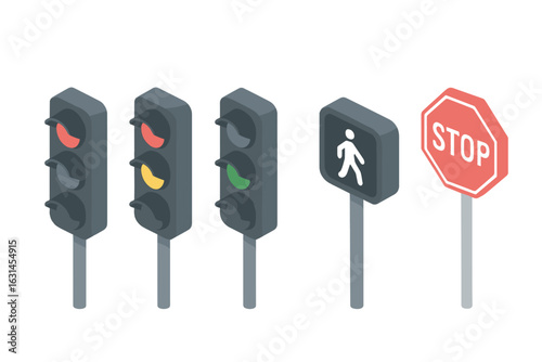 Isometric traffic light and road sign icon set – red yellow green signal sequence, pedestrian walking signal, octagon stop sign, urban transport safety regulation symbols vector illustration
