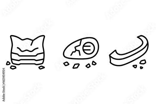 Traffic accident debris outline icon set—crumpled car hood, cracked headlight, broken bumper fragment with scattered shards—clean black stroke vector for risk, insurance, auto safety infographics