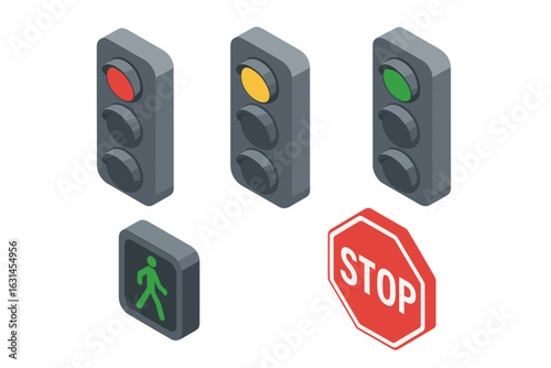 Isometric traffic light icon set showing red yellow green signals, pedestrian walk light and octagonal stop sign, flat vector illustration for road safety transport navigation apps and infographics
