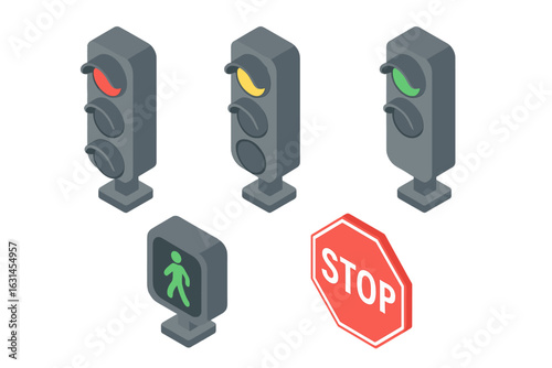 Isometric traffic light and road sign icon set vector illustration – red amber green stoplights, pedestrian crossing walk signal, octagonal stop sign, urban street transport safety symbols isolated