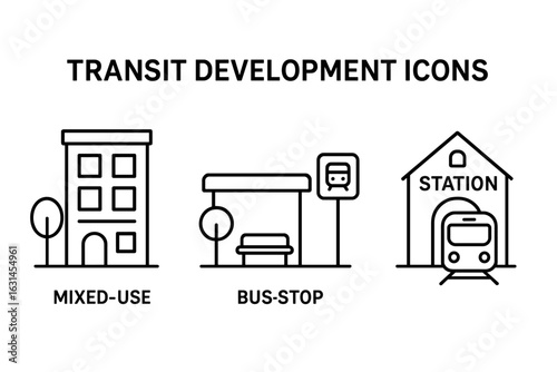 Transit oriented development outline icons set. Mixed-use building, urban bus stop shelter, commuter rail station facade with train, smart city public transport, planning concept vector illustration
