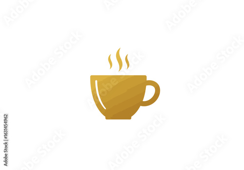 Golden hot coffee cup with steam icon, flat vector silhouette, minimalist cafe lifestyle symbol, Illustrator vector.