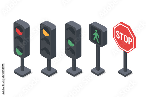 Isometric traffic light and road sign vector set—red, yellow, green signals, pedestrian crossing icon, octagonal stop sign—modern 3D street safety symbols for urban transport and navigation concepts