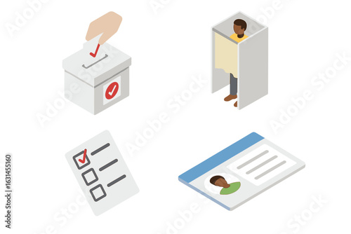 Isometric Voting Rights Icons Set. Equality, Ballot Box, Voting Booth, Marked Ballot, Registration Card. Civic Participation, Election, Democracy Symbols. Transparent Vector Illustration