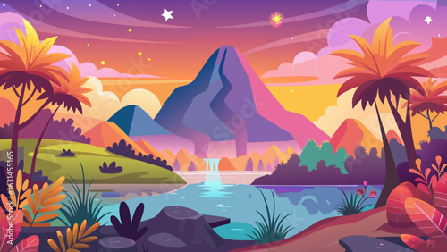 Vector art of enchanting abstract landscape featuring a prominent mountain with a waterfall, surrounded by tropical trees and a tranquil river at twilight