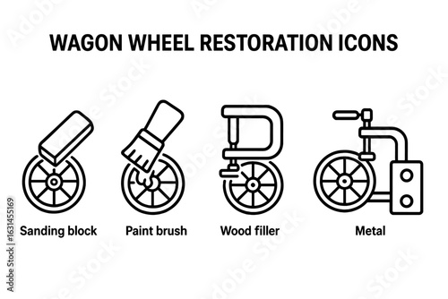 Wagon wheel restoration tools outline icons set. Sanding block, paint brush, wood filler clamp, metal repair equipment. Black line style vintage carriage wheel maintenance vector illustration.