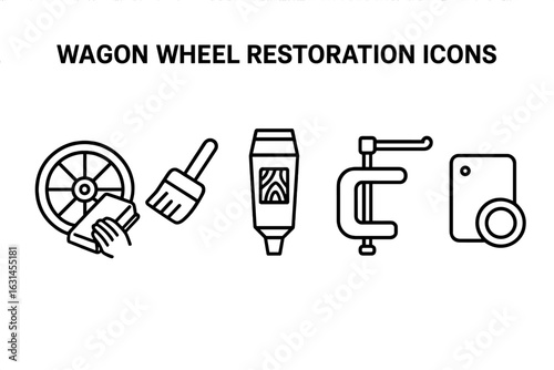 Wagon wheel restoration tools outline icon set—hand sanding block, paint brush, wood filler tube, C-clamp, metal plate hub—repair, refurbish, vintage cartwheel maintenance vector illustration