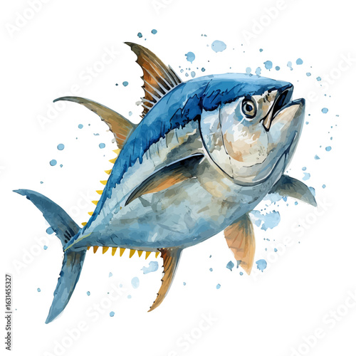 Bluefin Tuna, watercolor painting vector, isolated on a white background.