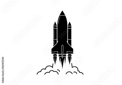 Black minimalist rocket ship launch icon, flat vector silhouette, futuristic space travel symbol, Illustrator vector.